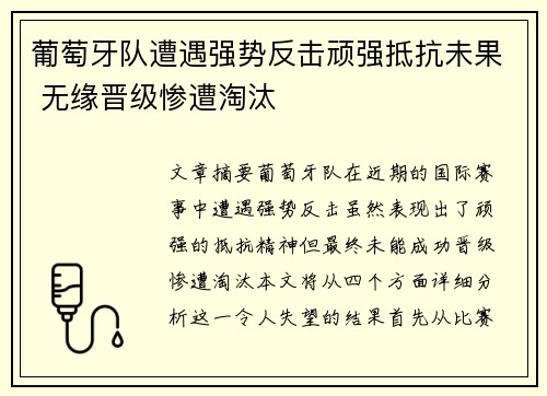葡萄牙队遭遇强势反击顽强抵抗未果 无缘晋级惨遭淘汰