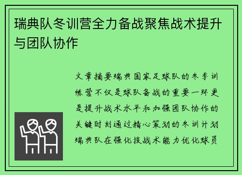 瑞典队冬训营全力备战聚焦战术提升与团队协作