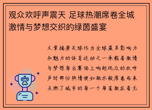 观众欢呼声震天 足球热潮席卷全城 激情与梦想交织的绿茵盛宴