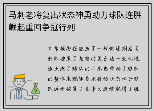 马刺老将复出状态神勇助力球队连胜崛起重回争冠行列