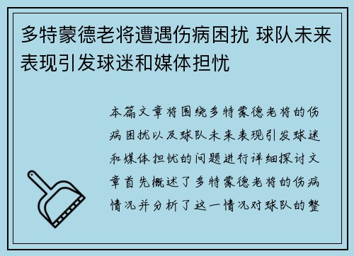 多特蒙德老将遭遇伤病困扰 球队未来表现引发球迷和媒体担忧