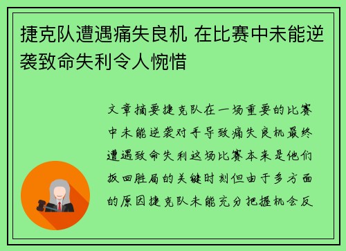捷克队遭遇痛失良机 在比赛中未能逆袭致命失利令人惋惜