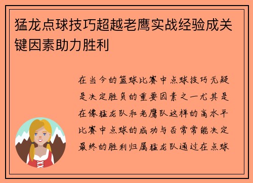猛龙点球技巧超越老鹰实战经验成关键因素助力胜利
