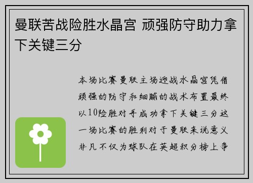曼联苦战险胜水晶宫 顽强防守助力拿下关键三分