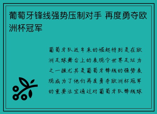 葡萄牙锋线强势压制对手 再度勇夺欧洲杯冠军