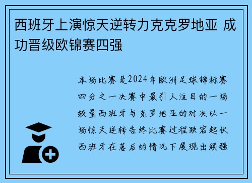 西班牙上演惊天逆转力克克罗地亚 成功晋级欧锦赛四强