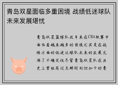 青岛双星面临多重困境 战绩低迷球队未来发展堪忧