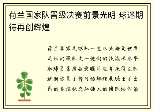 荷兰国家队晋级决赛前景光明 球迷期待再创辉煌