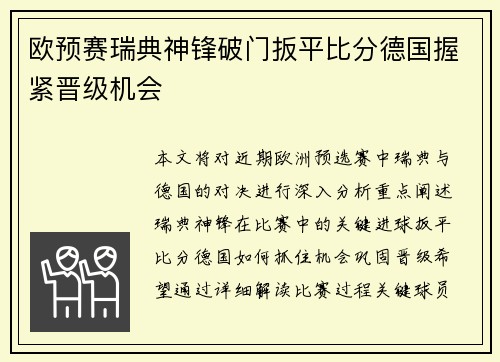欧预赛瑞典神锋破门扳平比分德国握紧晋级机会